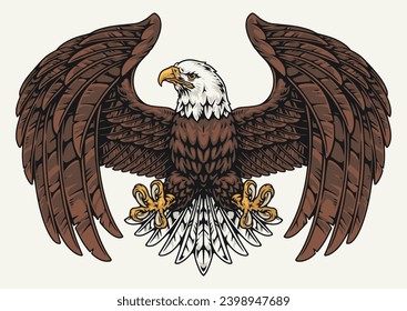 National American eagle label colorful with symbol US statehood with large beak and sharp claws on its paws vector illustration