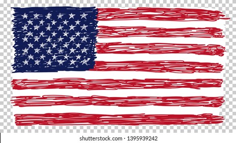 National American flag, transparent background. Brush stroke grunge dirty flag of USA. Hand drawn vector illustration