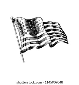 National American flag, vector illustration drawn in engraved style. Used for greeting or invitation card, festive poster or banner.
