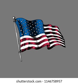 National American flag, vector illustration drawn in engraved style. Used for greeting or invitation card, festive poster or banner.