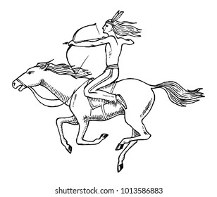 National American Indian riding horse with spear in hand. traditional man. engraved hand drawn in old sketch.