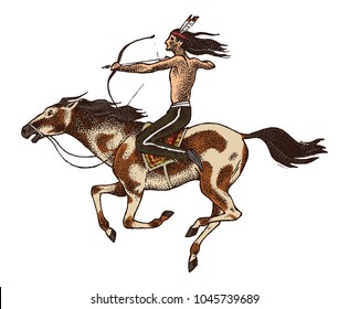 National American Indian riding horse with spear in hand. traditional man. engraved hand drawn in old sketch.