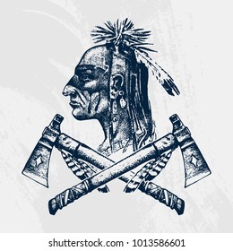 National American and native Indian traditions. Knife and Ax, tools and instruments. engraved hand drawn in old sketch. a man with feathers on his head. emblem or logo.