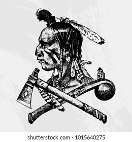 National American and native Indian traditions. Knife and Ax, tools and instruments. engraved hand drawn in old sketch. a man with feathers on his head. emblem or logo.