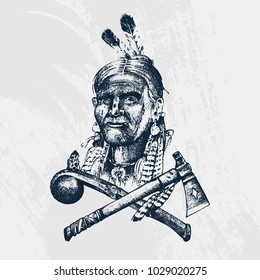 National American and native Indian traditions. Knife and Ax, tools and instruments. engraved hand drawn in old sketch. a man with feathers on his head. emblem or logo.