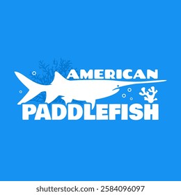 National American Paddlefish Day to celebrate on March 9th. Illustration of a prehistoric freshwater fish that is almost extinct with bold text on sky blue background. Animal event banner.