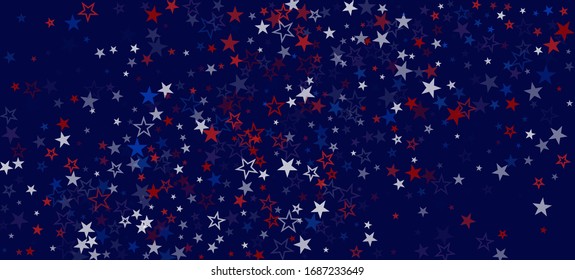 National American Stars Vector Background. USA 11th of November Memorial Labor Veteran's Independence 4th of July President's Day Pattern. American Blue, Red, White Falling Stars. US Election Banner.