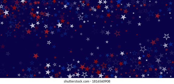 National American Stars Vector Background. USA Independence 4th of July President's Labor 11th of November Memorial Veteran's Day Texture. American Blue, Red, White Falling Stars. US Election Border.