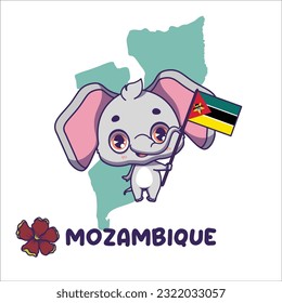 National animal african elephant holding the flag of Mozambique. National flower maroon bell bean displayed on bottom left