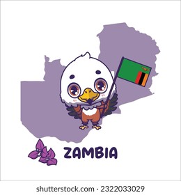 National animal african fish eagle holding the flag of Zambia. National flower bougainvillaea displayed on bottom left