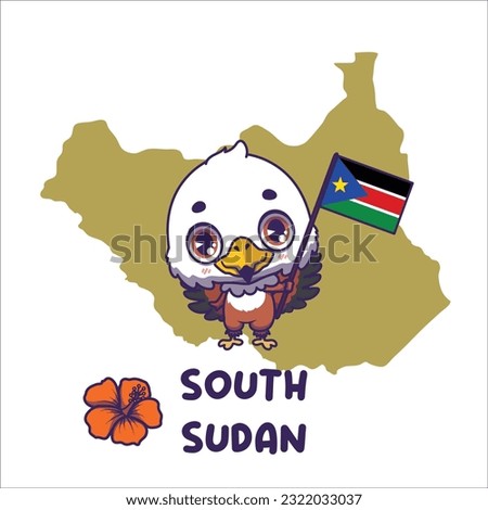 National animal african fish eagle holding the flag of South Sudan. National flower hibiscus displayed on bottom left