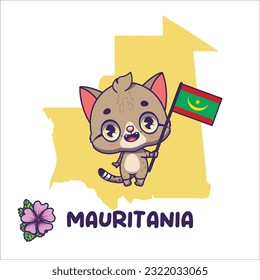 National animal african wild cat holding the flag of Mauritania. National flower mauritanian mallow displayed on bottom left