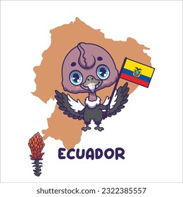 National animal andean condor holding the flag of Ecuador. National flower chuquiraga displayed on bottom left