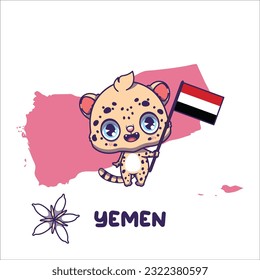 National animal arabian leopard holding the flag of Yemen. National flower coffe arabica displayed on bottom left