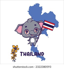 National animal asian elephant holding the flag of Thailand. National flower ratchapruek displayed on bottom left