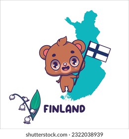 National animal bear holding the flag of Finland. National flower lily of the valley displayed on bottom left