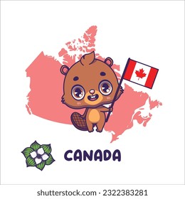 National animal beaver holding the flag of Canada. National flower bunchberry displayed on bottom left