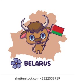 National animal bison holding the flag of Belarus. National flower common flax displayed on bottom left