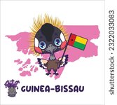 National animal black crowned crane holding the flag of Guinea-Bissau. National flower vernonia djalonensis displayed on bottom left