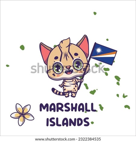 National animal black footed cat holding the flag of Marshall Islands. National flower plumeria displayed on bottom left