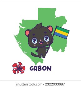 National animal black panther holding the flag of Gabon. National flower delonix regia displayed on bottom left