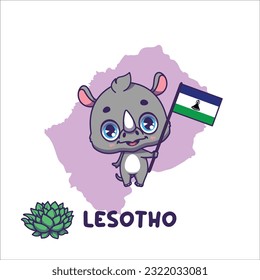 National animal black rhino holding the flag of Lesotho. National flower spiral aloe displayed on bottom left