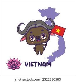 National animal buffalo holding the flag of Vietnam. National flower lotus displayed on bottom left