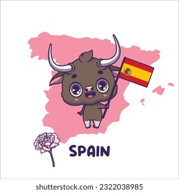 National animal bull holding the flag of Spain. National flower carnation displayed on bottom left