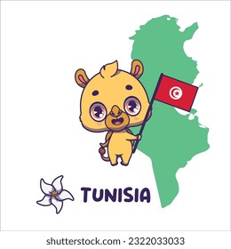 National animal camel holding the flag of Tunisia. National flower jasmine displayed on bottom left