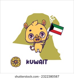 National animal camel holding the flag of Kuwait. National flower arfaj flower displayed on bottom left