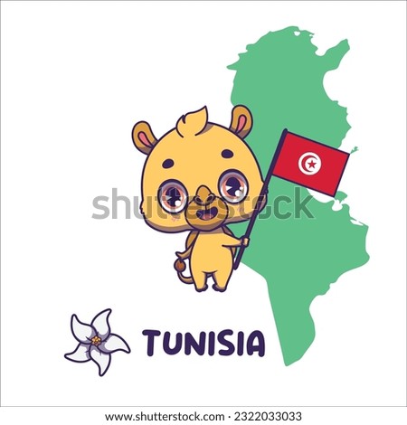 National animal camel holding the flag of Tunisia. National flower jasmine displayed on bottom left