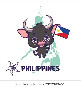 National animal carabao holding the flag of Philippines. National flower sampaguita jasmine displayed on bottom left