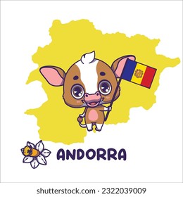 National animal cattle holding the flag of Andorra. National poet's daffodil displayed on bottom left