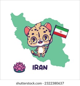 National animal cheetah holding the flag of Iran. National flower water lily displayed on bottom left