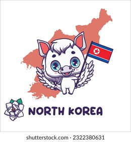 National animal chollima holding the flag of North Korea. National flower magnolia sieboldii displayed on bottom left