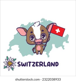 National animal cow holding the flag of Switzerland. National flower edelweiss displayed on bottom left