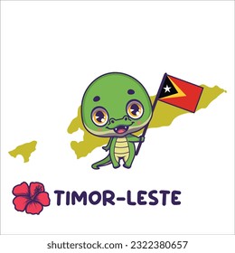 National animal crocodile holding the flag of Timor-Leste. National flower hibiscus displayed on bottom left