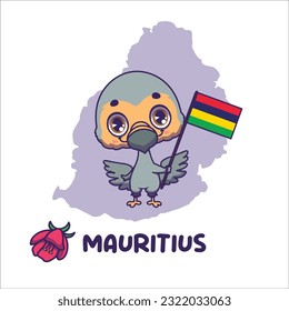 National animal dodo holding the flag of Mauritius. National flower trochetia boutoniana displayed on bottom left