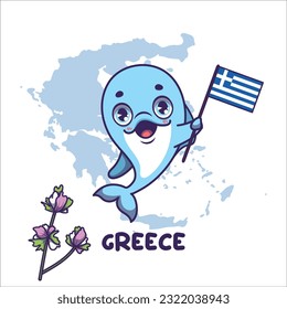 National animal dolphin holding the flag of Greece. National flower bear's breech displayed on bottom left