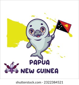 National animal dugong holding the flag of Papua New Guinea. National flower dendrobium lasianthera displayed on bottom left