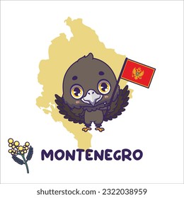 National animal eagle holding the flag of Montenegro. National flower mimosa displayed on bottom left