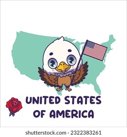 National animal eagle holding the flag of United States of America. National flower rose displayed on bottom left