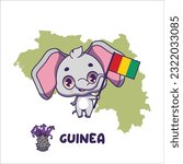 National animal elephant holding the flag of Guinea. National flower vernonia djalonensis displayed on bottom left