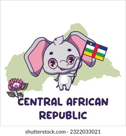 National animal elephant holding the flag of Central African Republic. National flower king protea displayed on bottom left