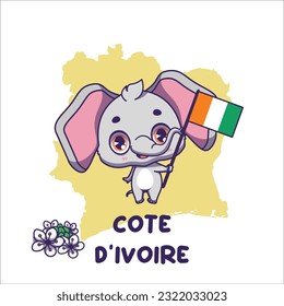 National animal elephant holding the flag of Cote d'Ivoire. National flower Ivory Coast lily displayed on bottom left