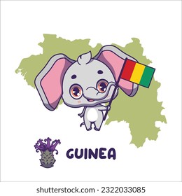 National animal elephant holding the flag of Guinea. National flower vernonia djalonensis displayed on bottom left