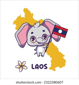 National animal elephant holding the flag of Laos. National flower champa displayed on bottom left