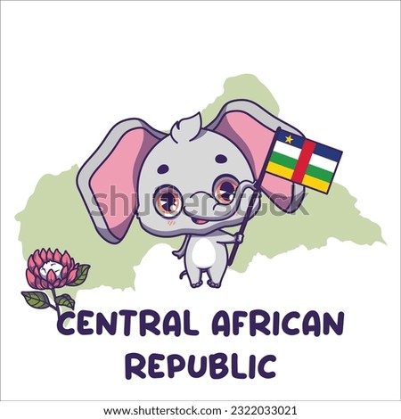 National animal elephant holding the flag of Central African Republic. National flower king protea displayed on bottom left