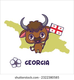 National animal european bison holding the flag of Georgia. National flower cherokee rose displayed on bottom left