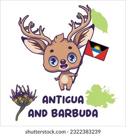 National animal european fallow deer holding the flag of Antigua and Barbuda. National flower dagger log displayed on bottom left